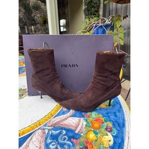 Prada Suede Pointed Toe Stiletto Heel Ankle Boots Brown Designer Women Shoe 10.5